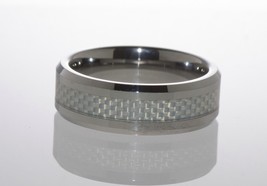 Tungsten Carbide Band Ring Grey Carbon Inlay Low Beveled Edge Fiber 8mm Wide - £23.90 GBP