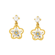 Sterling Silver Flower Dangle Earrings Aqua and White Cubic Zirconia Gol... - £23.08 GBP