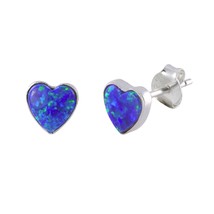 Opal Heart Stud Earrings .925 Sterling Silver Iridescent Navy Blue Green 6mm USA - £13.66 GBP