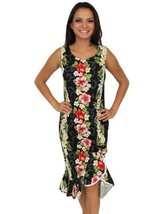 Two Palms Womens Hawaiian Dress Black Tea Length Floral Big Island Sleev... - $72.99