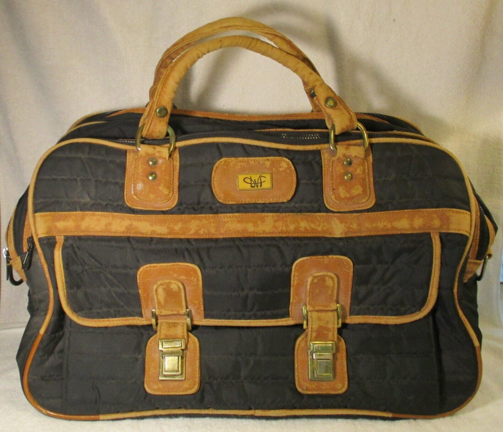 Vintage DVF Large Travel Bag Diane Von Furstenberg Black Quilted Tan Leather Baa - $49.50