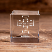 Proverbs 3:5 Trust in The Lord Cross Square Cut Crystal Cube Personalized Chris - £38.19 GBP+