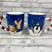 Reindeer Penguin Mug Winter Holiday Christmas Blue Snow Striped Handle Lot of 2 - £12.63 GBP