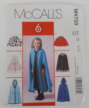 MCCALLS PATTERN #4703 GIRLS LINED CAPELET &amp; CAPE SZ 6-8 HOOD LENGTHS UNC... - $8.99