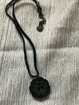 Estate Black Leather Cord w Pierced Plastic Black Abstract Flower Pendant Neckla - £8.27 GBP