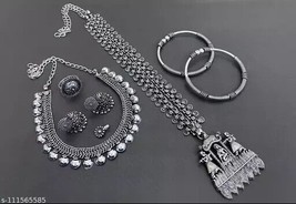 Indian Women Silver Oxidized Combo  Necklace Set Bohemian Fashion Jewelry  Gift - £32.59 GBP