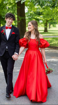 Bubble Sleeve Red A-line Satin Prom Dress,Evening Gowns Formal - £106.42 GBP