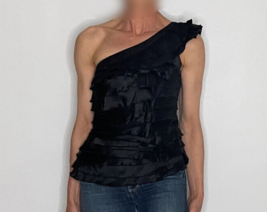 One Shoulder Layered Ruffle Top Black Designer Top - $152.27
