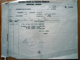  Vintage Continetal Aviation &amp; Engineering Corp Shipping Notice 1950 - $3.99