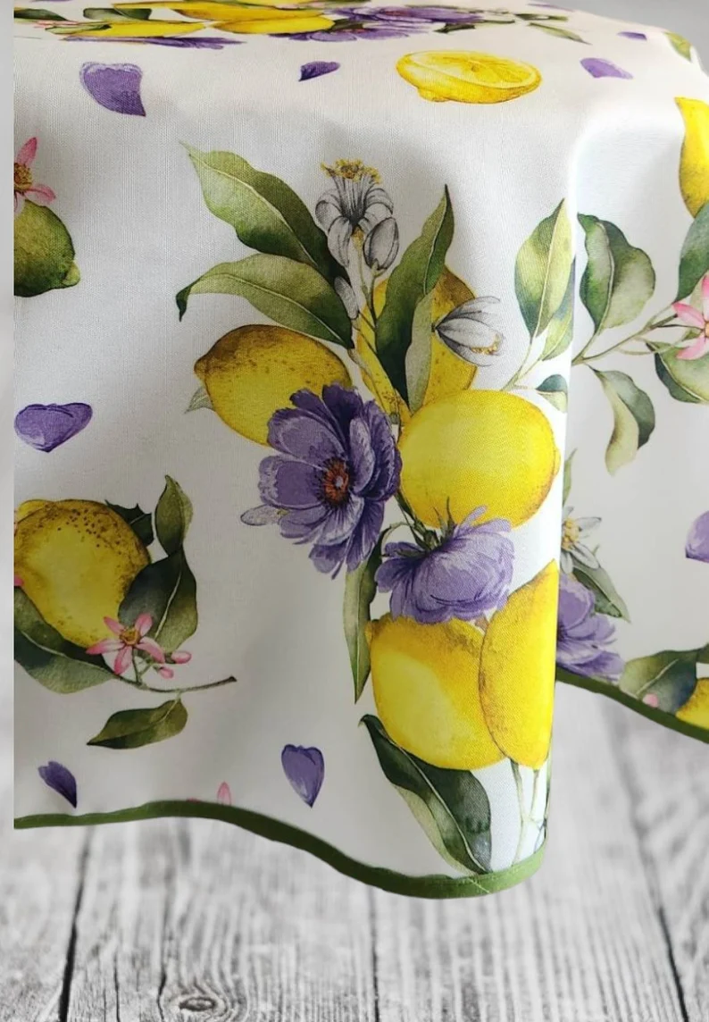 Wildflowers/Lemon Vintage Table Cloth Square 59&quot; x 59&quot; - $94.99
