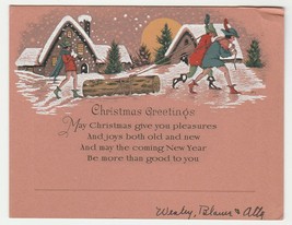 Vintage Christmas Card Young Men Drag a Log Past Cottages 1930&#39;s - £6.32 GBP