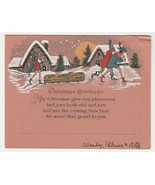 Vintage Christmas Card Young Men Drag a Log Past Cottages 1930&#39;s - £6.19 GBP