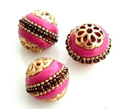 3 Handmade Designer Indonesia Pink Metal Rhinestone 16mm Specialty Focal Beads - £7.62 GBP
