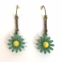 Green &amp; Yellow Enamel Daisy Dangle Earrings Flower Power - £9.59 GBP