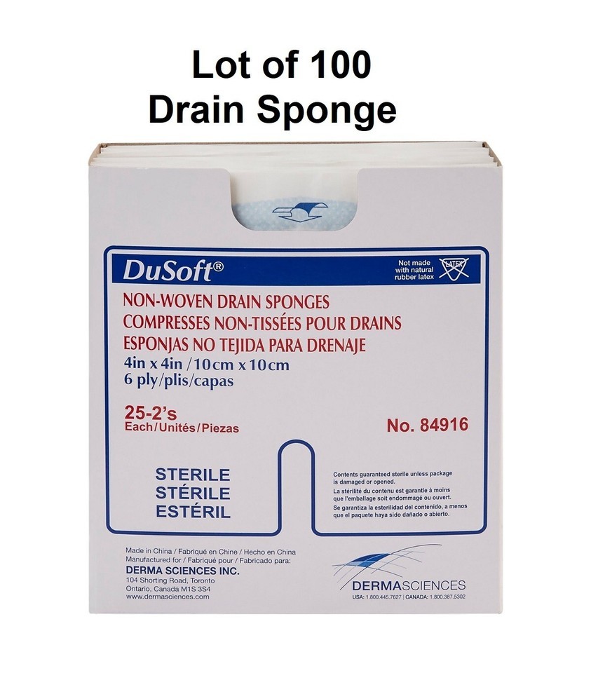 100 Ct, Drain Sponge I.V / Drain Split Dressing Sterile 4 x 4&quot; 6-Ply DuSoft - $24.74
