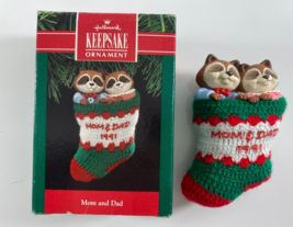 Hallmark Keepsake Raccoon Knit Stocking Christmas Ornament Mom &amp; Dad 1991 - £10.11 GBP