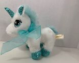 Dan Dee small plush unicorn white blue teal aqua ribbon bow sequin hoove... - $7.27
