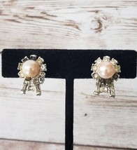 Vintage Clip On Earrings Faux Pearl with Clear &amp; Black Gems - £5.56 GBP