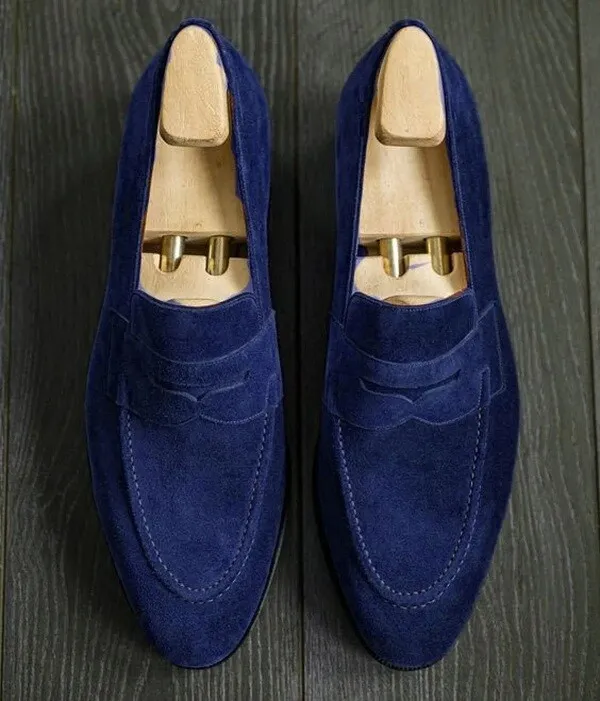Men&#39;s Handmade Trendy Navy Moccasin Suede Formal Loafer Shoes - $159.99