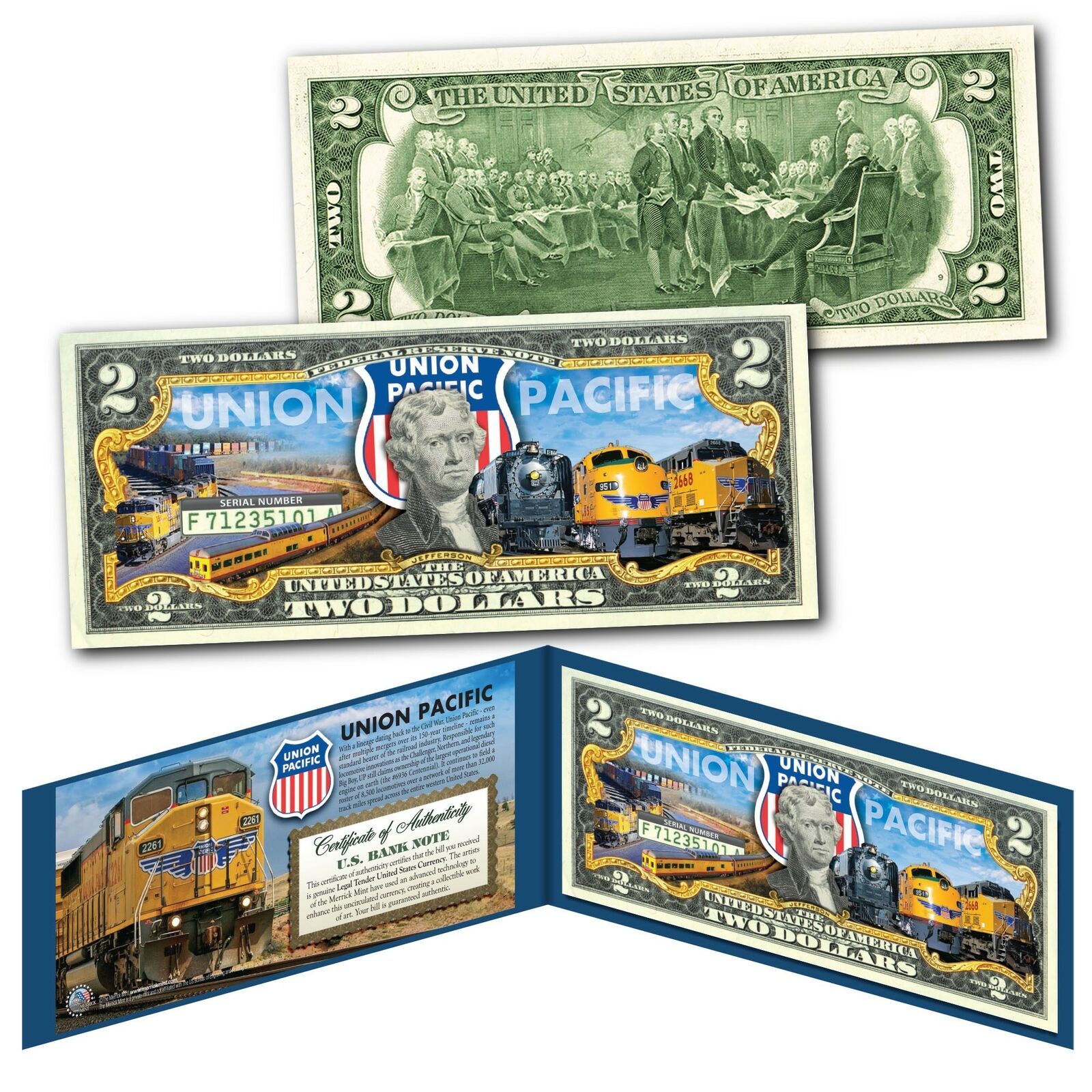 UNION PACIFIC Train Company GE Locomotive Railroad U.S. $2 Bill - WORLDS... - $14.92