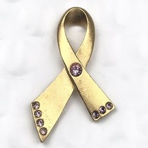 Avon Pink Stones Ribbon Pin Brooch Breast Cancer Awareness Gold Tone - £7.87 GBP