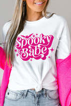 White Spooky Babe Bat Print Halloween Crewneck T Shirt - £14.42 GBP