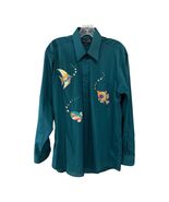 Vtg Marquis Teal Embroidered Fish Button Down Shirt Studded Detail Mens - $27.00