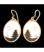 Winter Night Sky Full Moon Earrings Teardrop Evergreen Tree Mountain Hoo... - $12.16