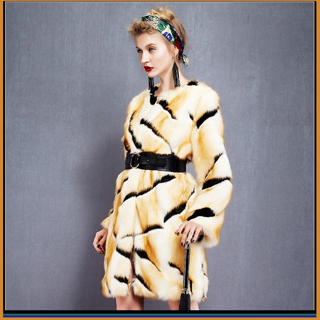 Kitten Soft Luxury Big Tiger Stripes Faux Fur with Wide Belt Long Coat Jacket