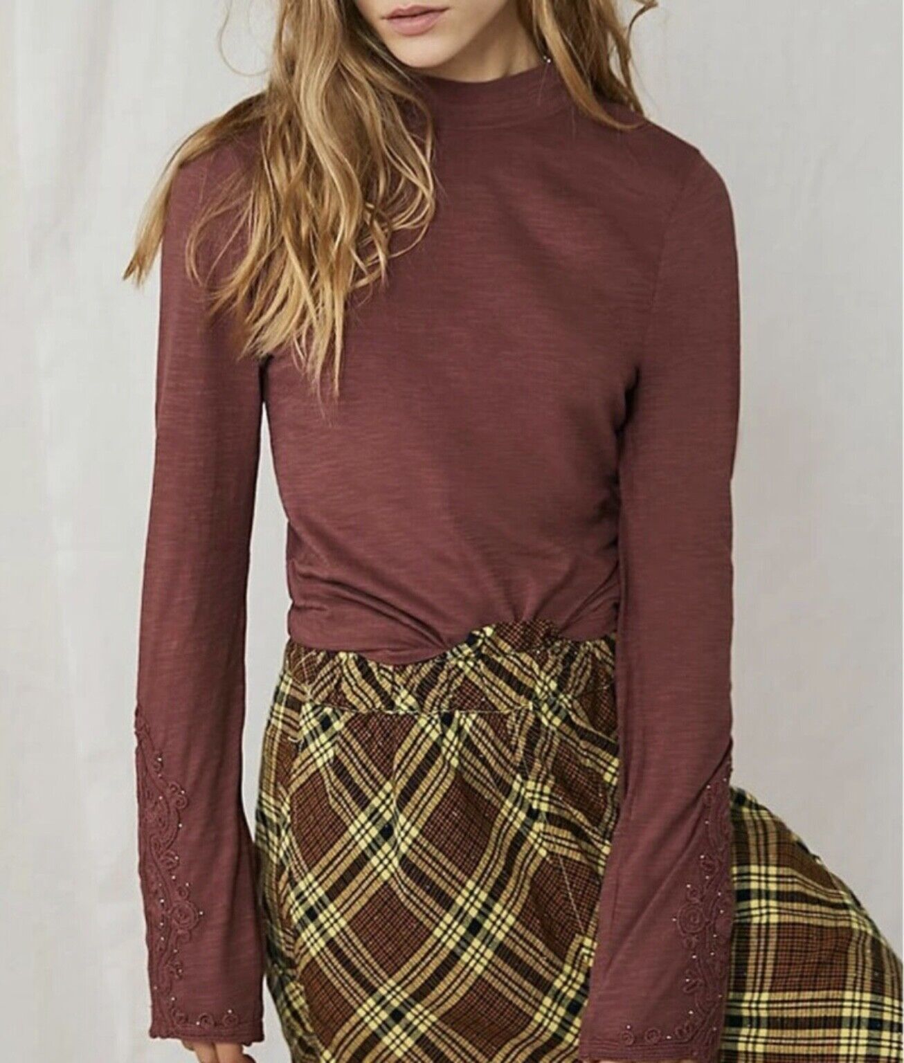 Primary image for NEW FREE PEOPLE We The Free Burgundy Embroidered Long Sleeve Shirt (Size XS)