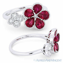 2.23 ct Pear-Shape Red Ruby Round Diamond 18k White Gold Right-Hand Flower Ring - £3,357.51 GBP