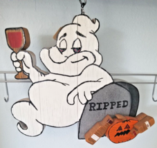 Wood Sign Halloween Ripped  Ghost Wine Drinking Pumpkin Empty Bottles Hanging - £39.64 GBP