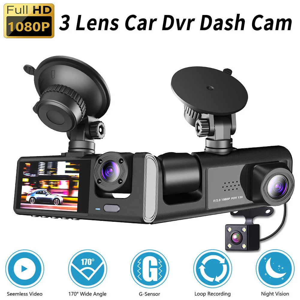 3 Channel Car DVR  HD 1080P Auto Video  Dash Camera Dual Lens Dashcam Video - £10.71 GBP+