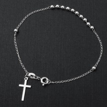 Fine Sterling Silver 925 Rhodium Plated Rosary Bead Cross Bracelet 3mm - £15.79 GBP