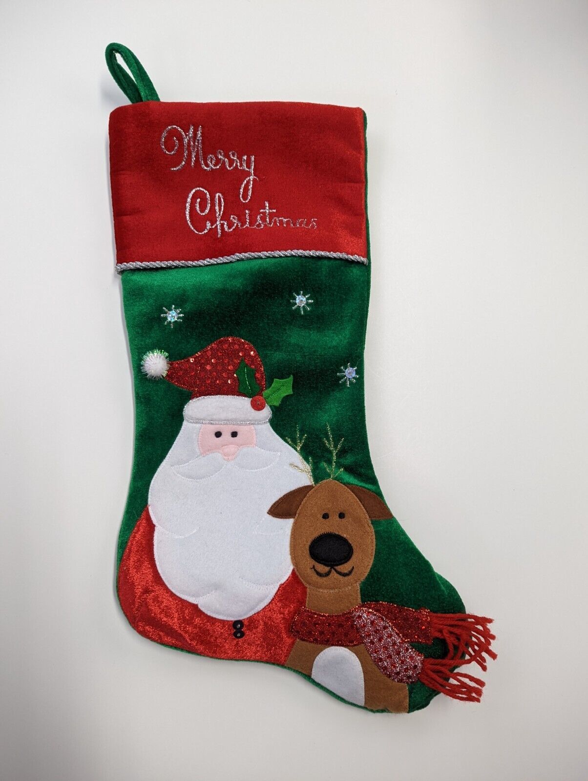 Santa Claus & Reindeer Christmas Stocking green, red,silver Merry Christmas 20.5 - $8.00
