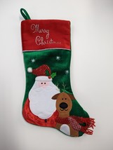 Santa Claus &amp; Reindeer Christmas Stocking green, red,silver Merry Christ... - £6.39 GBP