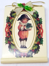 Boy With Present Christmas Ornament Colonial Scroll Wreath Plastic 1970s Vintage - £9.86 GBP