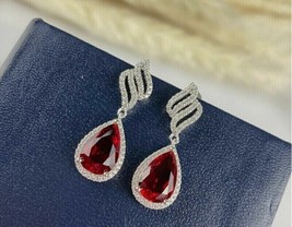 2 Ct Pear Cut Simulated Red Garnet Women&#39;s Dangle Earrings 14K White Gold Plated - £78.29 GBP