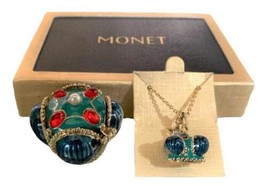 Monet Golden Red Green Crown Keepsake Trinket / Pill Box w/ Pendant Neck... - $53.90