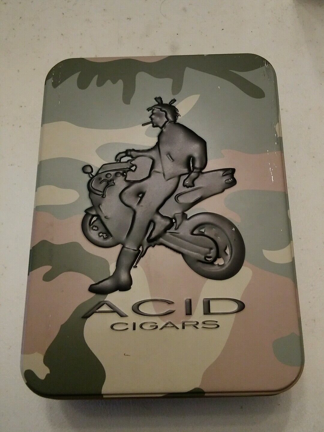000 Acid Cigars TIN Camo Collector&#39;s Tin Stash Box w/ Motorcycle Rider - $4.99