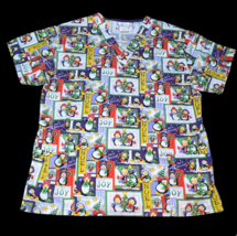 White Swan Penguin Noel Joy Snow Winter Holiday Christmas Scrub Shirt Sz... - £15.04 GBP