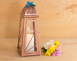 13 inch Rose Gold Morocco Lantern/ Pink Candle Holder/ Wedding Metal Lantern Cen - £21.18 GBP