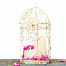 Wedding Decorations White Wire Metal Bird Cage White Gold Candle Holder Shabby W - £36.53 GBP