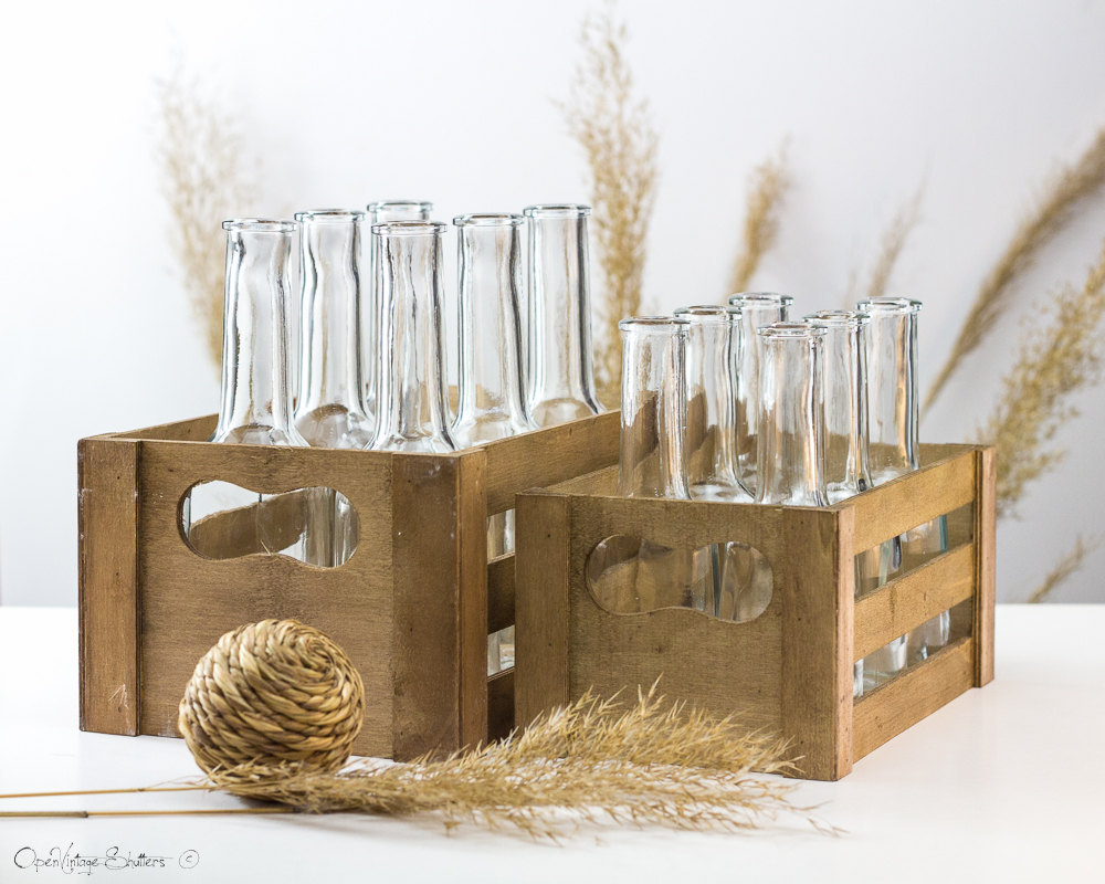 Set of 6 Bottles and Wooden Crate/ Rustic Wedding Drinking Glasses Alternative - $36.00