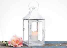 White with Silver Outdoor Lantern Shabby Cottage Chic Decoration Lanter - £32.29 GBP