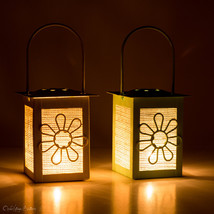 Set - 2 Candle Lanterns Wedding, Party Decoration Green Yellow Metal Outdoor - £8.03 GBP