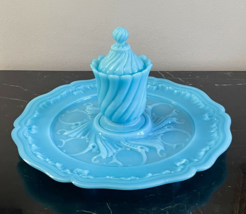 Vintage French Portieux Blue Opaline Jelly or Condiment Jar on Plate - £233.87 GBP