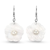 Hand Carved Seashell Tropical Flower with Pearl Inlays Dangle Earrings - £10.09 GBP