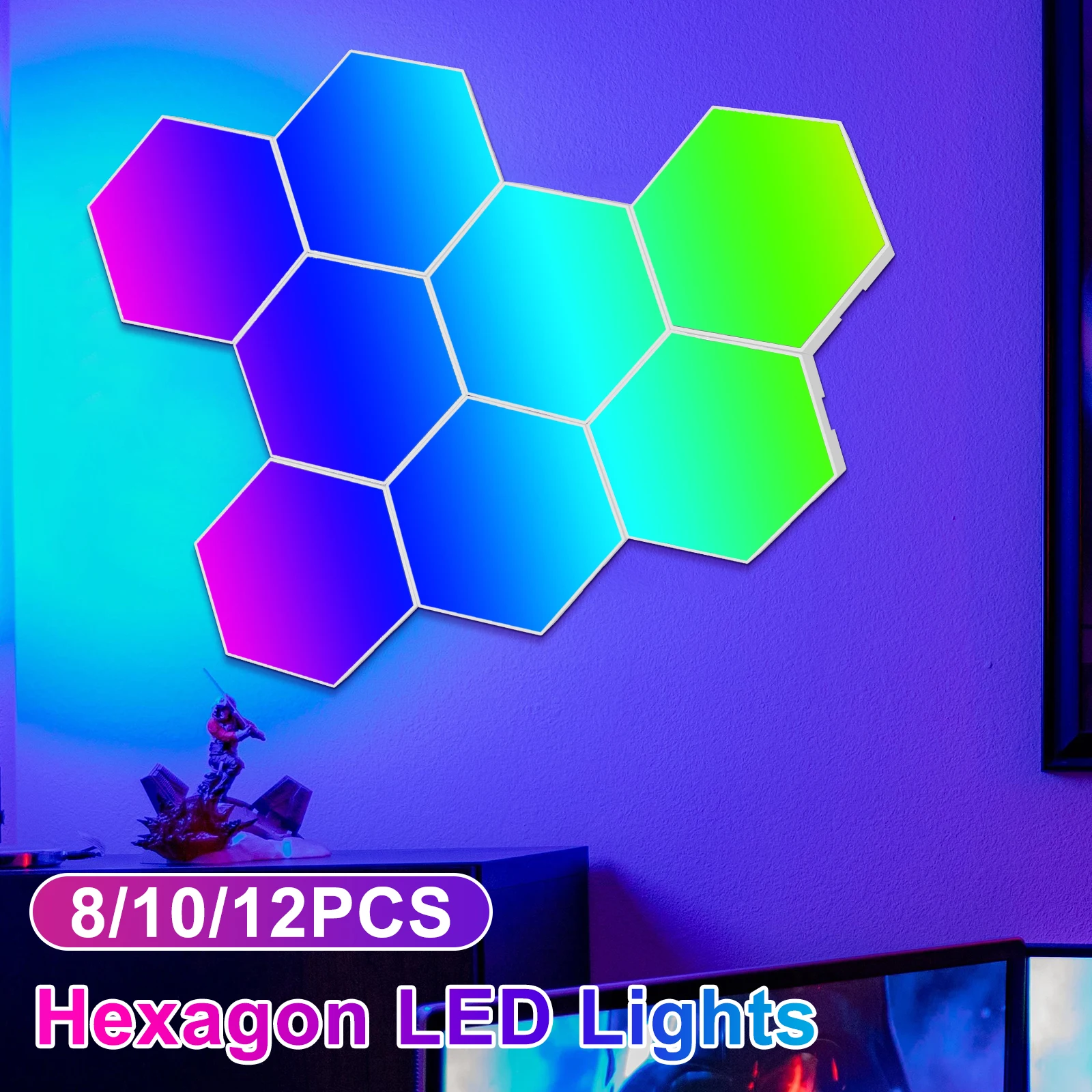 8/10/12 Pcs Hexagon LED Lights Modular DIY APP and Remote Control Smart RGB - £29.80 GBP+
