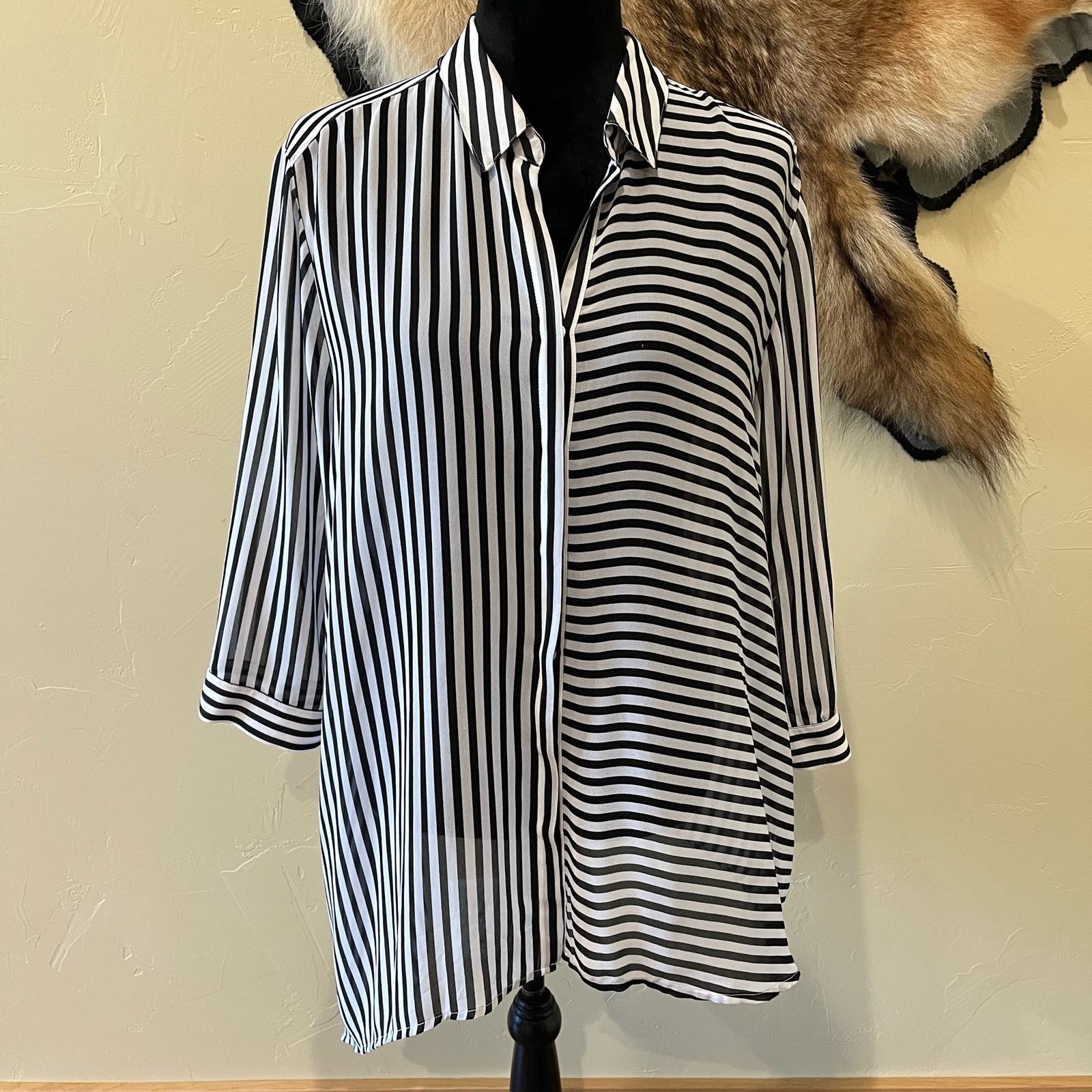 Primary image for Chico’s Sheer Striped Assymetrical Button up Collared Blouse